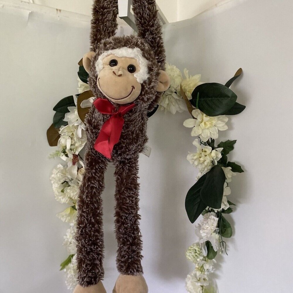 Vintage Pier One 1 Imports Brown Hanging Monkey Plush Poseable‎ Animal 26" Bow